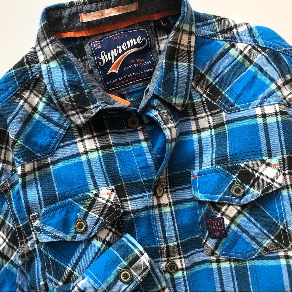 Supreme AMC Co Flannel Blue Plaid Long Sleeve Shirt By Cactus New York Men’s L